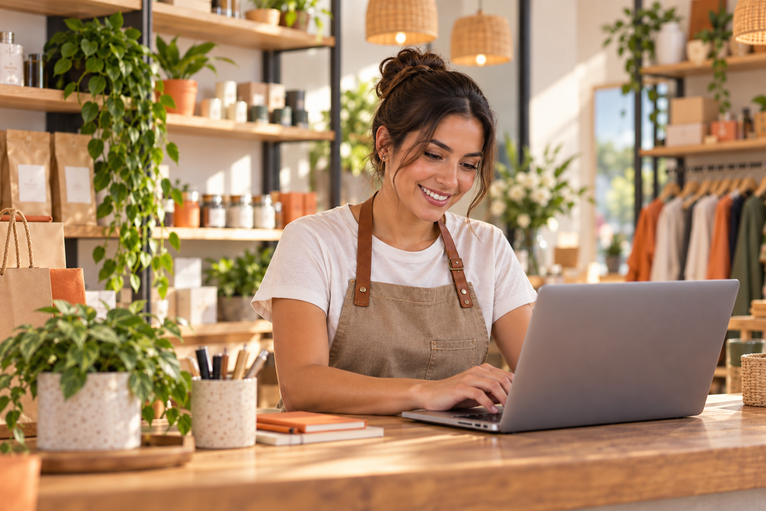 Mujer administrando su tienda en Chequea